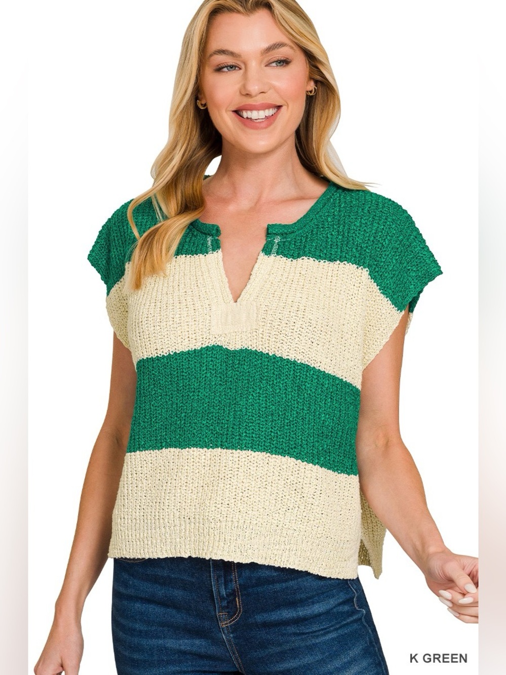 Zenana Split Neck Sleeveless Stripe Sweater